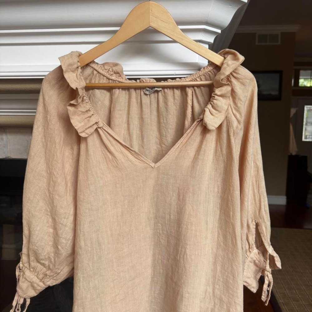 Meo Meli Linen V-Neck Ruffle Collar Tie Puff Sleeve Top Made in Italy Size XL - Picture 2 of 5